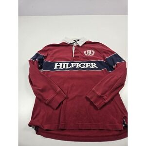 Tommy Hilfiger Shirt Mens Small Red Rugby Polo Long Sleeve Crest Spell Out
